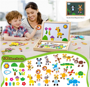 Uping Puzzles en Bois Magnétique 100 Pièces, Tableau Double Face Aimanté, Planche à Dessin Stylos Colorés Craies, Jouet Educatif Enfant 3 Ans Plus