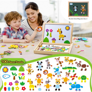 Uping Puzzles en Bois Magnétique 100 Pièces, Tableau Double Face Aimanté, Planche à Dessin Stylos Colorés Craies, Jouet Educatif Enfant 3 Ans Plus
